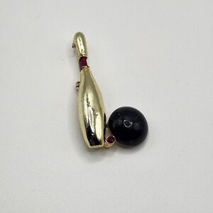 Gerrys Vintage Gold Tone Bowling Pin and Ball Brooch Pin Red Enamel Accent